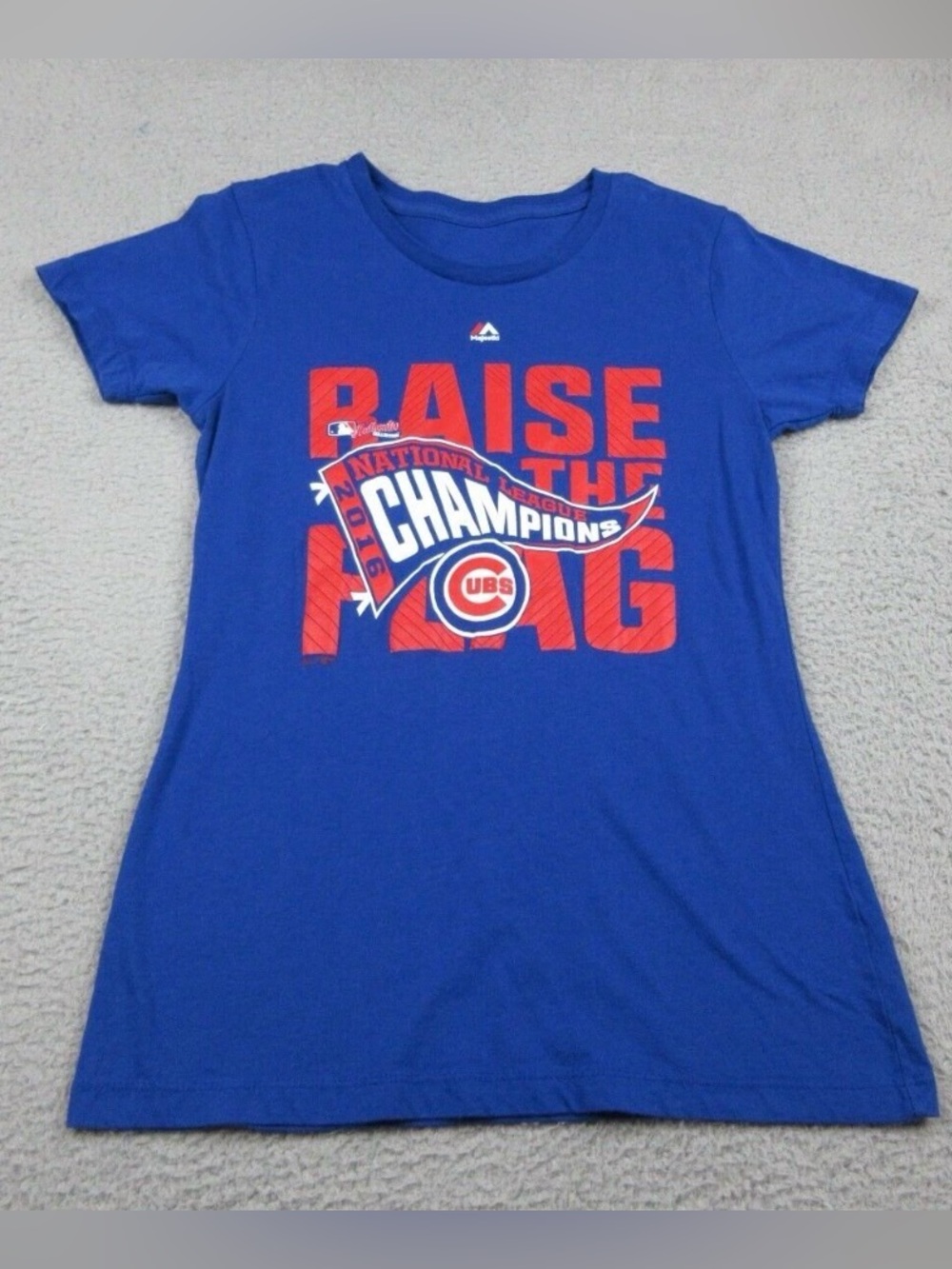 Majestic Chicago Cubs Champion Blue T-Shirt with Red Graphic